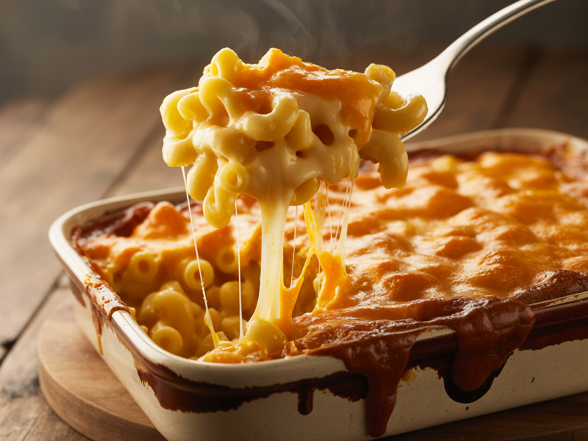 Creamy baked macaroni and cheese with cheese pull